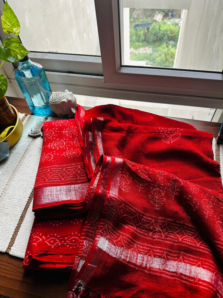 Red Hand-Blocked Linen Suit Set