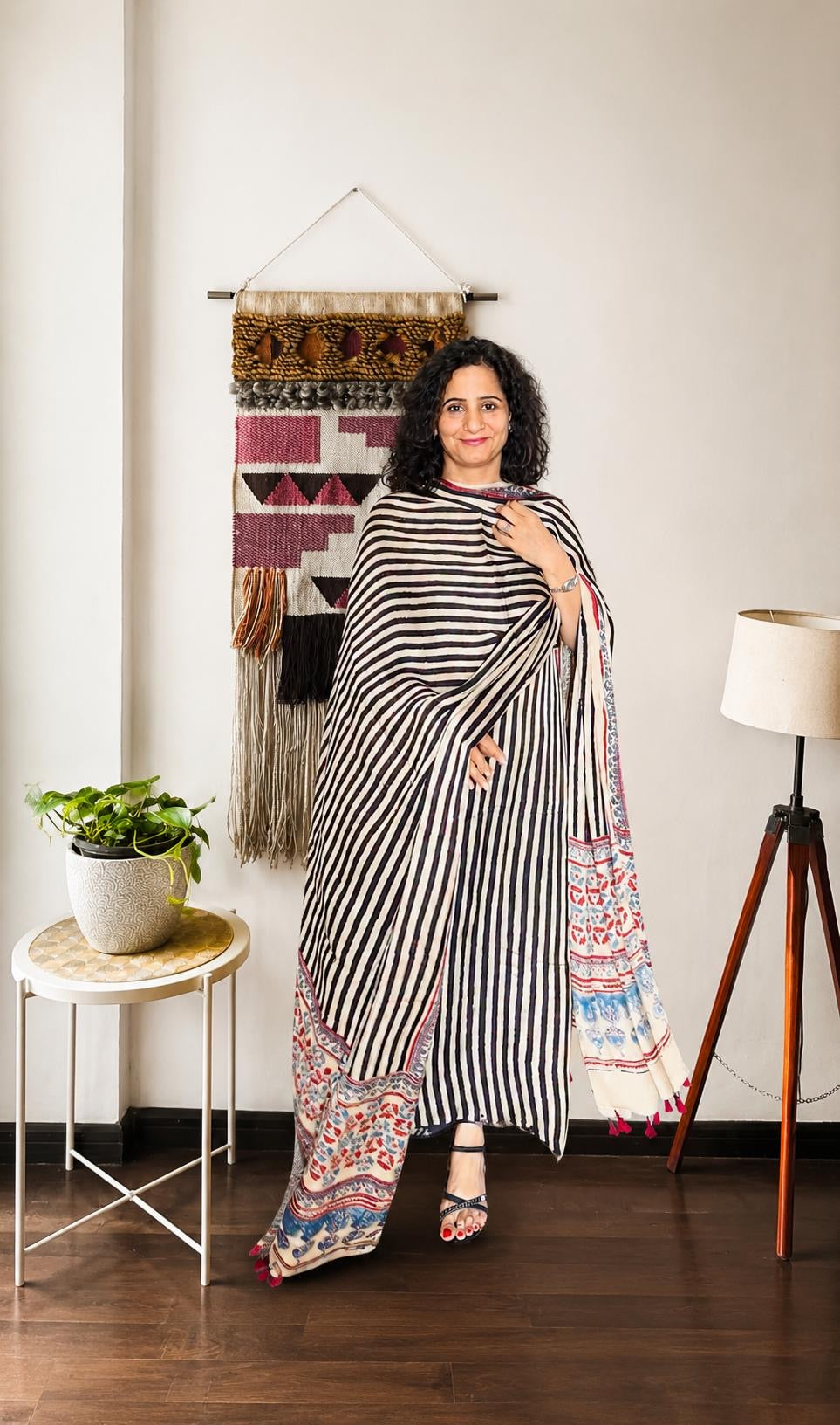 Monochrome Stripes & Floral Ajrakh Modal Silk 2-Piece Suit Set