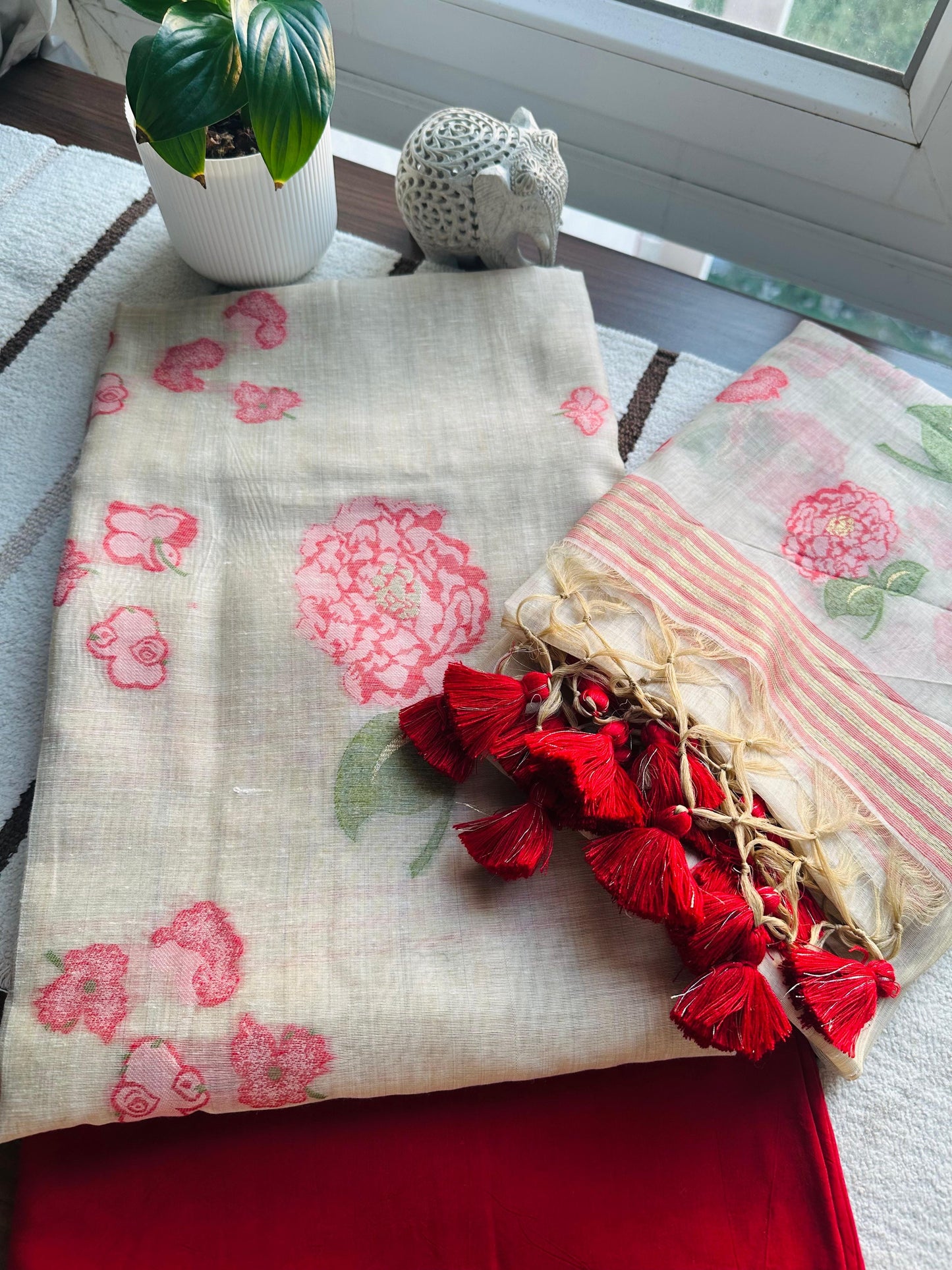 Ivory & Rose Floral Handloom Jamdani Chanderi Suit Set