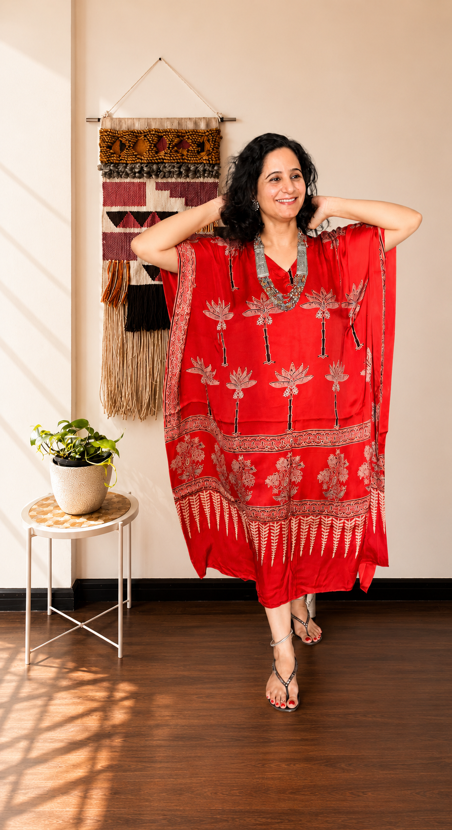 Red Palm Tree Hand-Blocked Ajrakh Modal Silk Kaftan