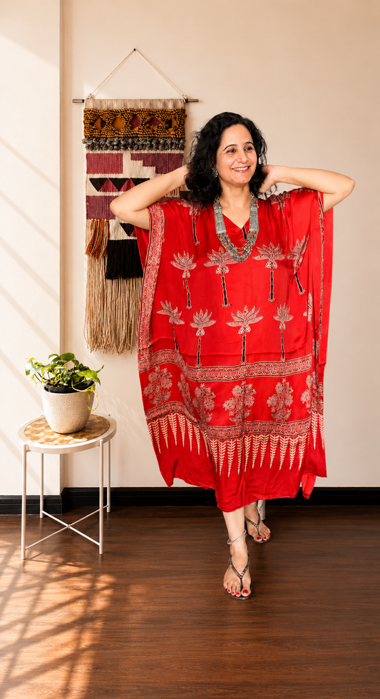 Red Palm Tree Hand-Blocked Ajrakh Modal Silk Kaftan