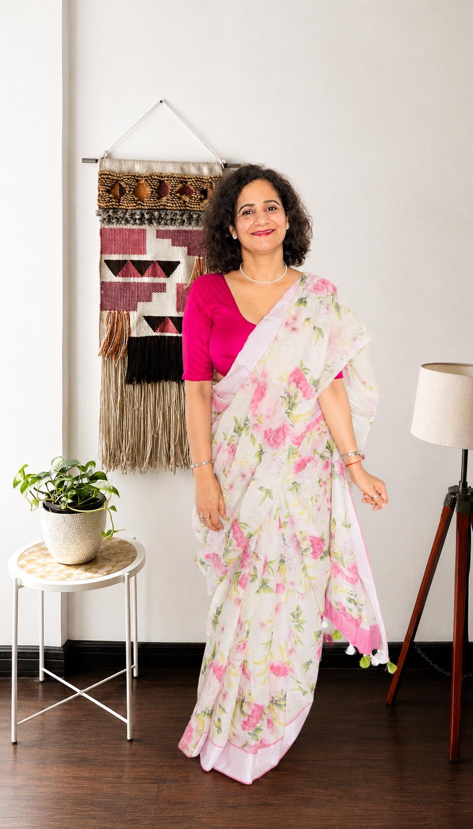 White & Pink Floral Linen Saree