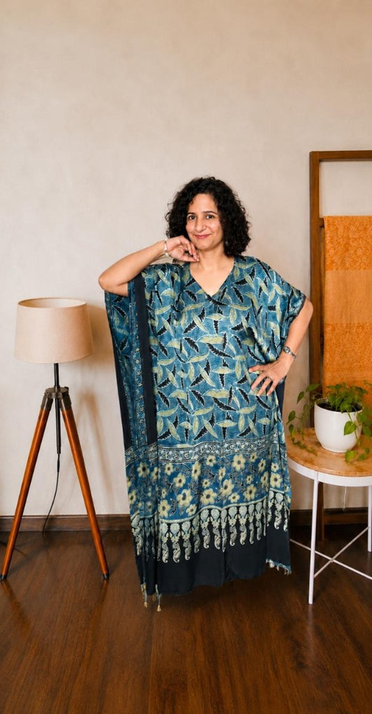 Sea Blue & Sage Hand-Blocked Ajrakh Modal Silk Kaftan