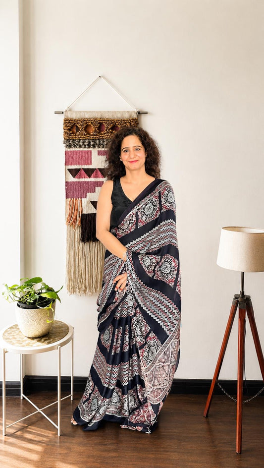Black Ajrakh Modal Silk Saree