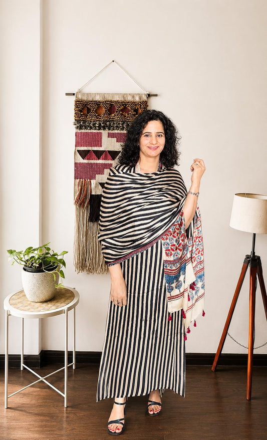 Monochrome Stripes & Floral Ajrakh Modal Silk 2-Piece Suit Set