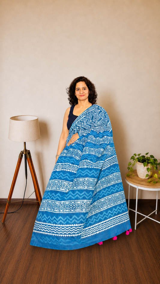 ndigo Multi-Pattern Mulmul Saree