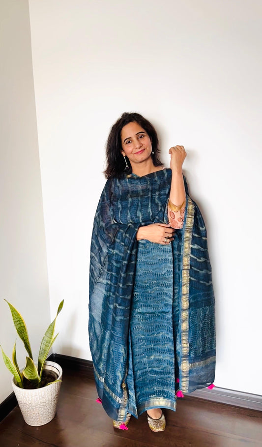 Midnight Teal Ajrakh Maheshwari Suit Set