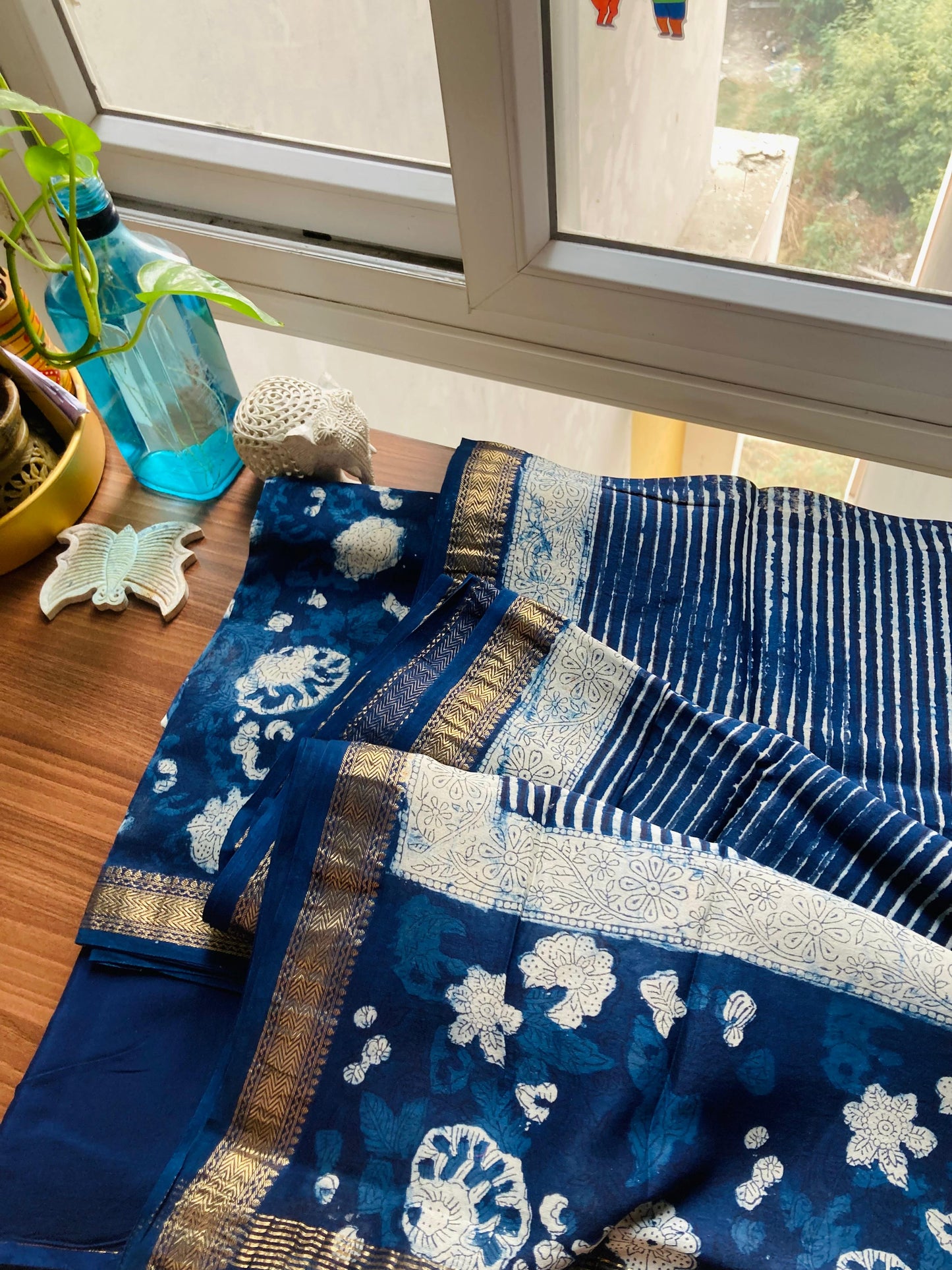 Indigo Ajrakh Maheshwari Silk Suit Set