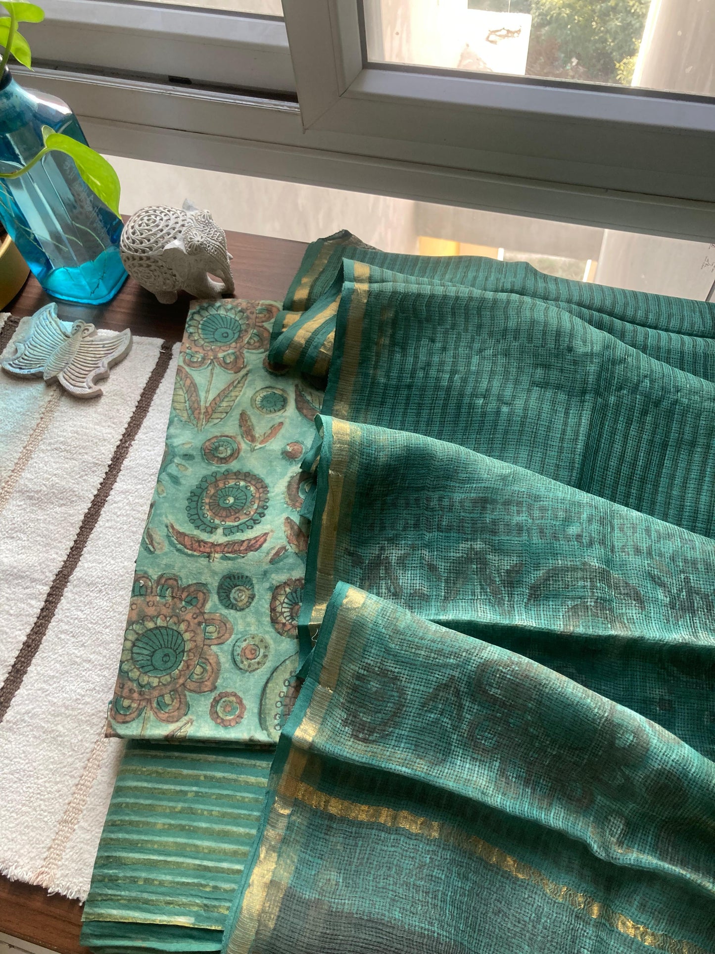 Sea Green Ajrakh Kota Doria Dupatta set