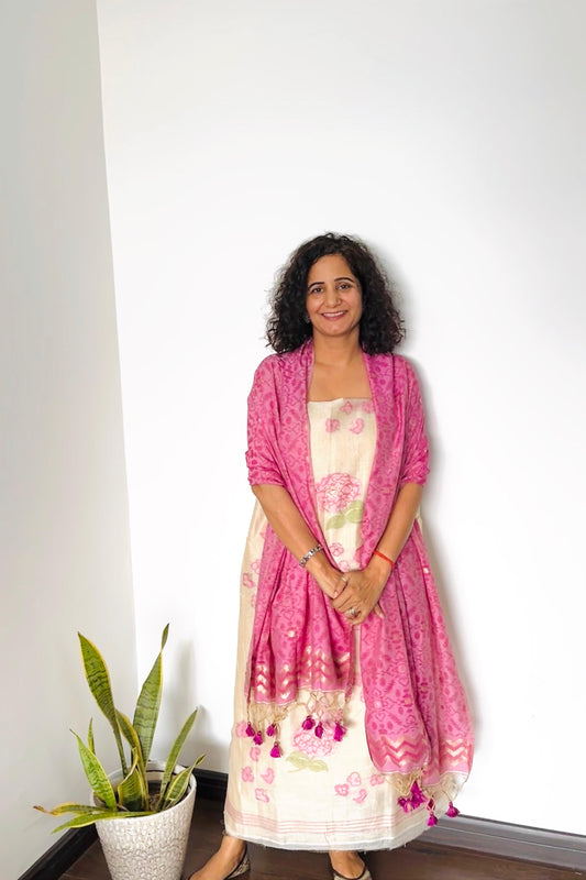 Pink & Ivory Jamdani Chanderi Suit Set