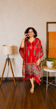 Red Hand-Blocked Ajrakh Modal Silk Kaftan