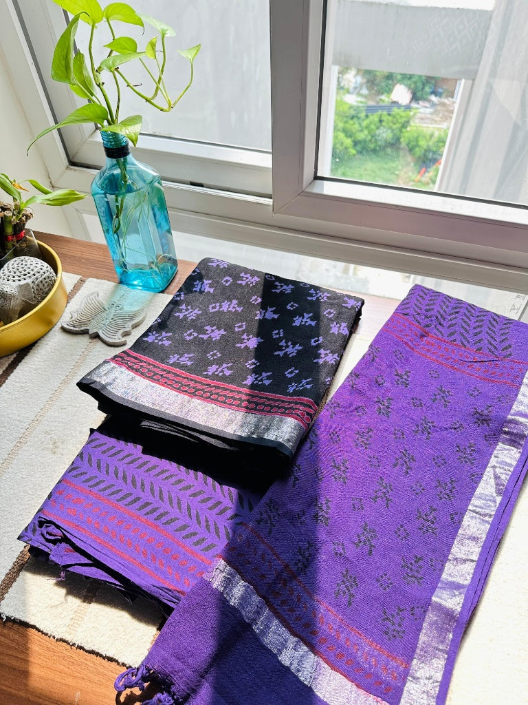 Purple & Charcoal Hand-Blocked Linen 3-Piece Suit Set