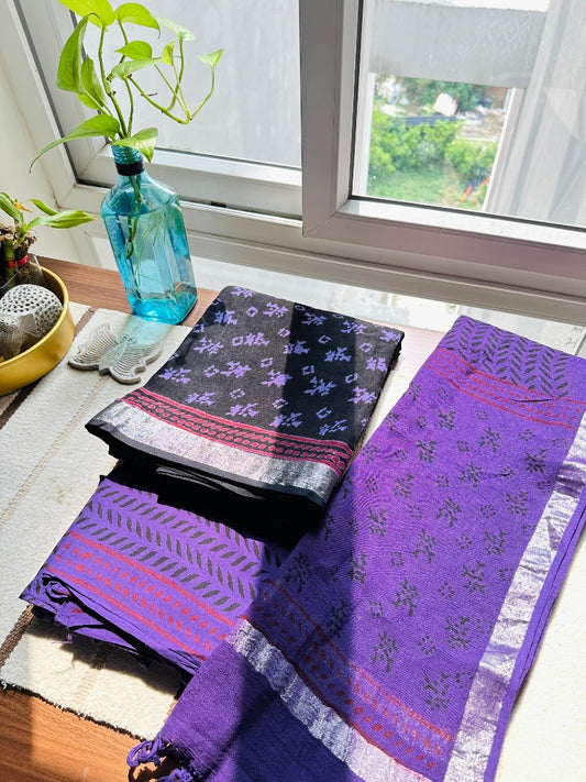 Purple & Charcoal Hand-Blocked Linen 3-Piece Suit Set