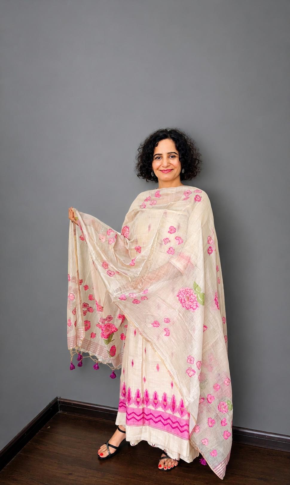 Ivory & Pink Jamdani Chanderi Suit Set
