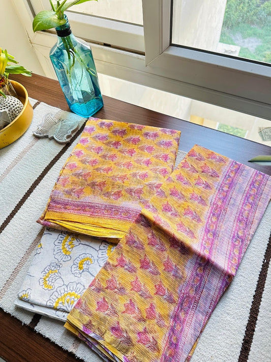Yellow & Lavender Floral Kota Doria Suit Set