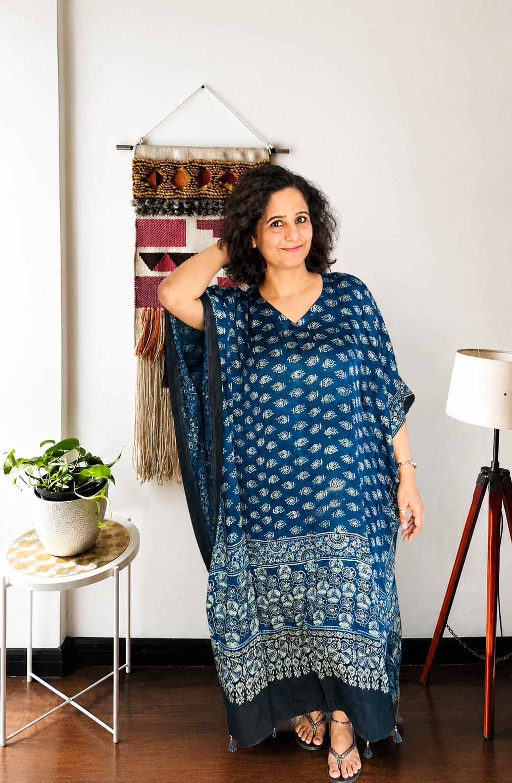 Indigo Blue Hand Modal Silk Kaftan