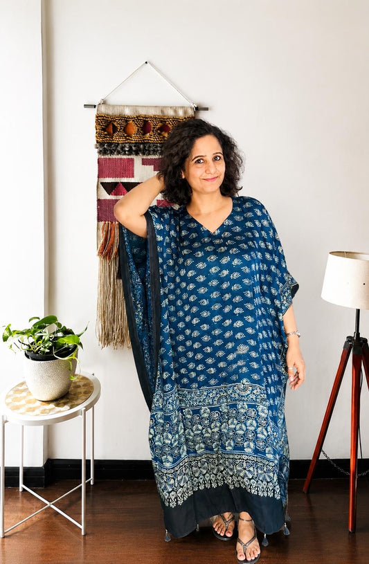 Indigo Blue Hand Modal Silk Kaftan