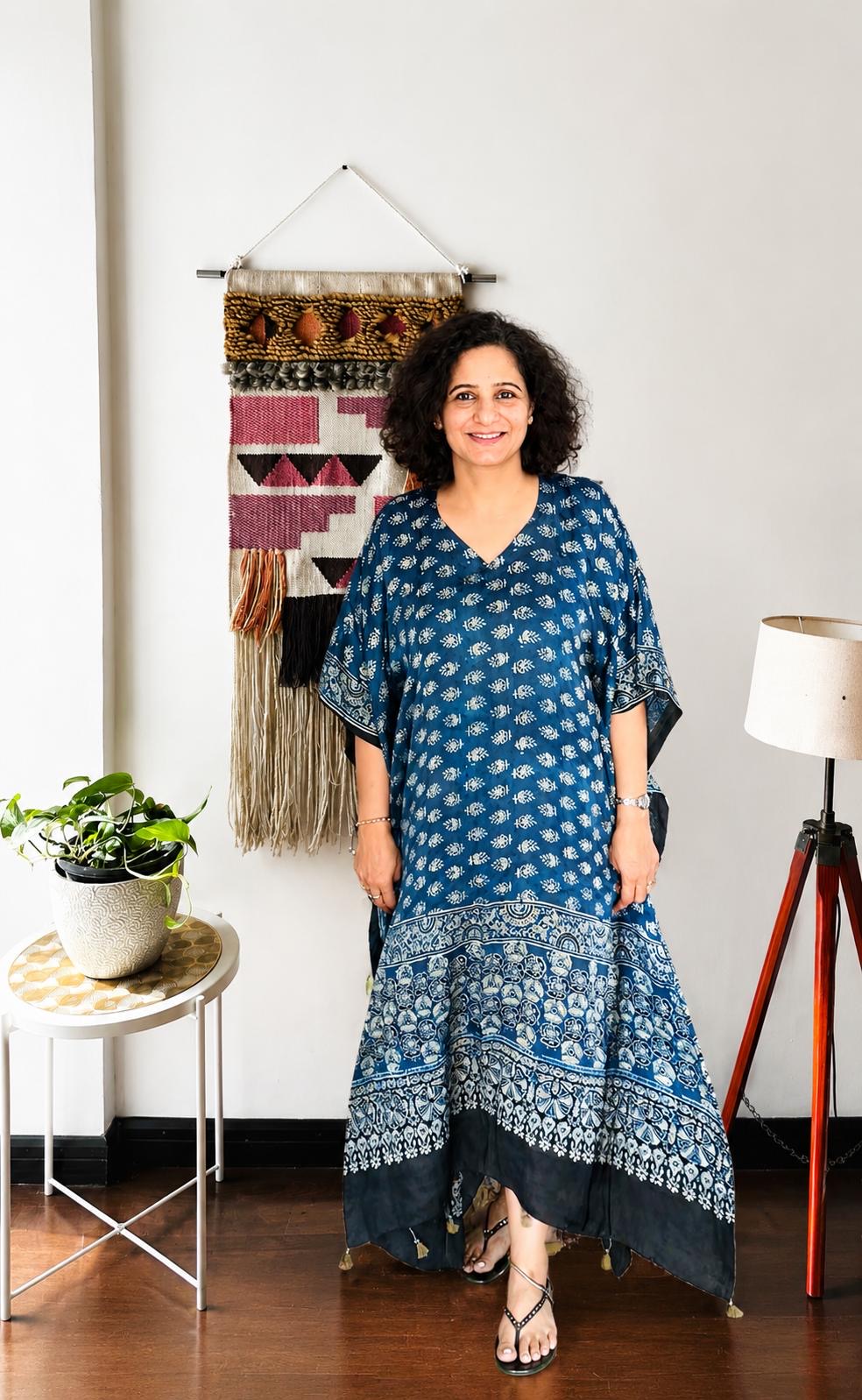 Indigo Blue Hand Modal Silk Kaftan