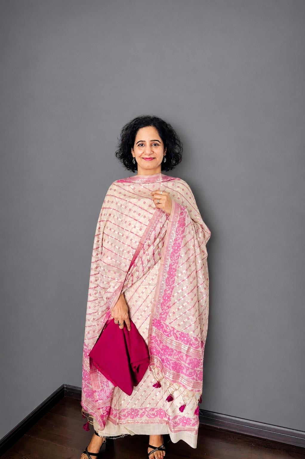 Ivory & Orchid Pink Jamdani Chanderi Suit Set