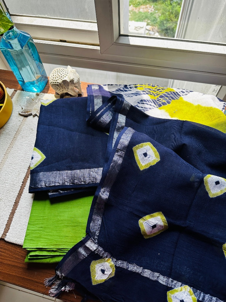 Indigo & Green Hand-Blocked Linen Suit Set