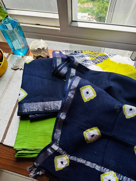 Indigo & Green Hand-Blocked Linen Suit Set