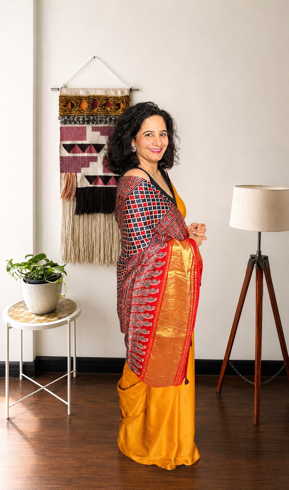 Mustard Yellow & Crimson Modal Silk Saree
