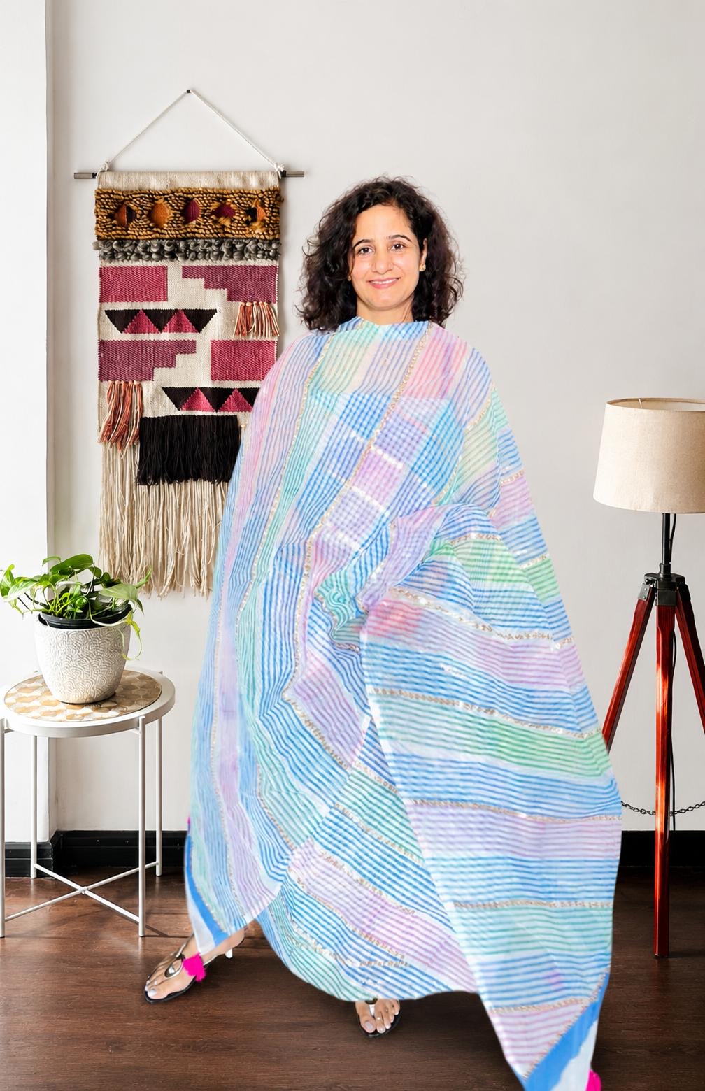 Pastel Stripe Kota Suit Set with Gota Accents