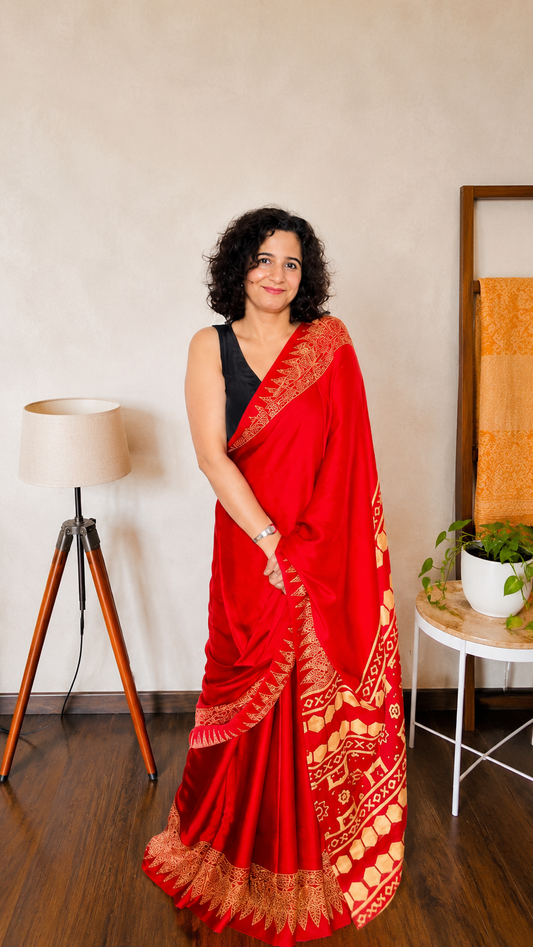 Crimson Red Ajrakh Modal Silk Saree
