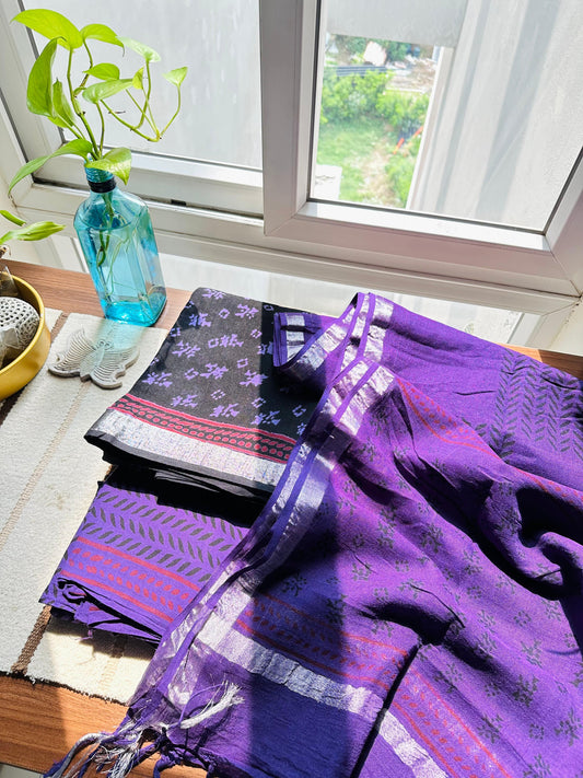 Purple & Charcoal Hand-Blocked Linen 3-Piece Suit Set