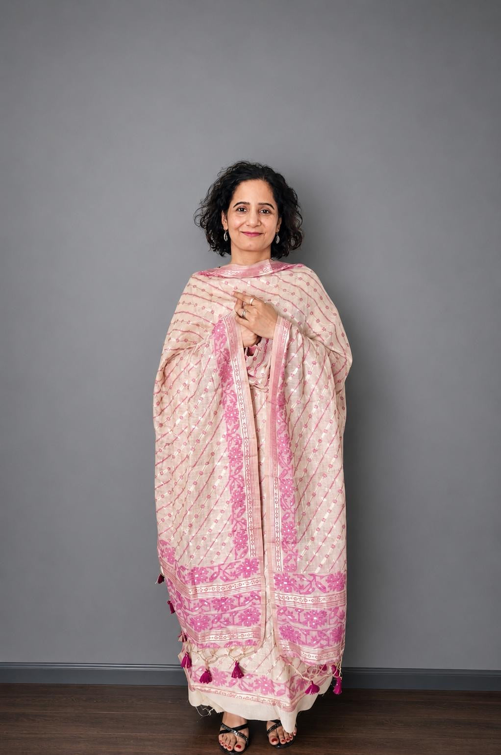 Ivory & Orchid Pink Jamdani Chanderi Suit Set