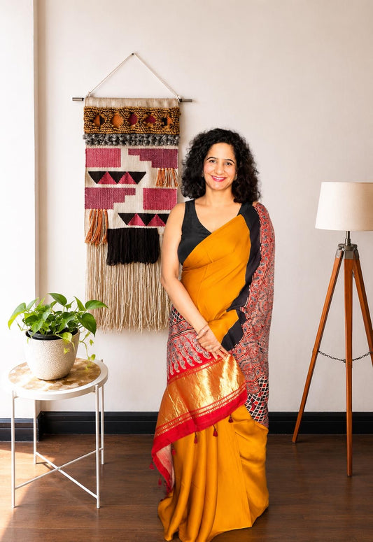 Mustard Yellow & Crimson Modal Silk Saree