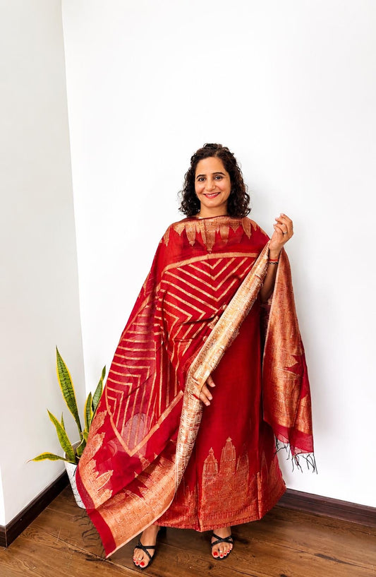 Red Taj Mahal Pure Silk Suit Set