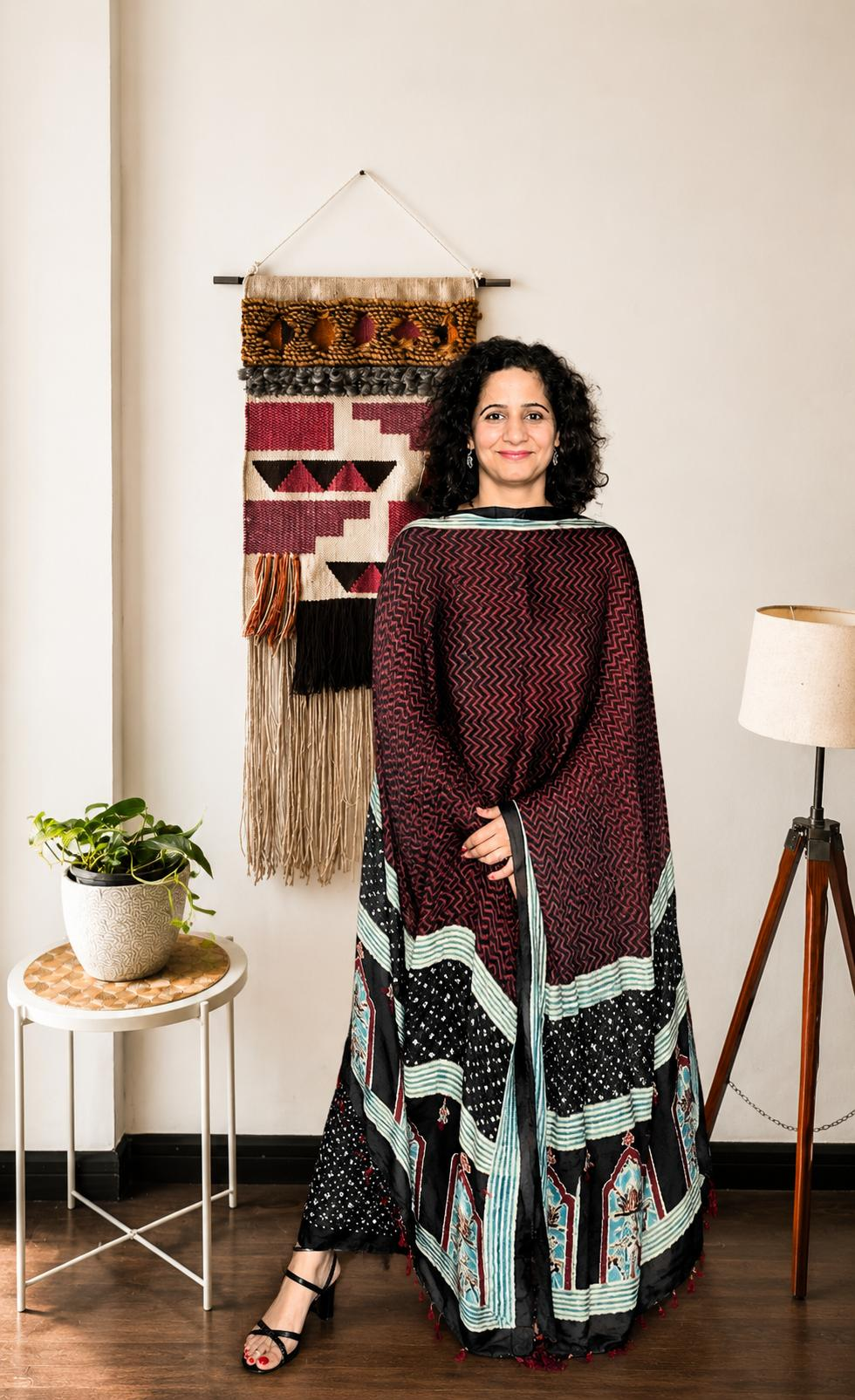 Midnight Black & Indigo Ajrakh Modal Silk Suit Set
