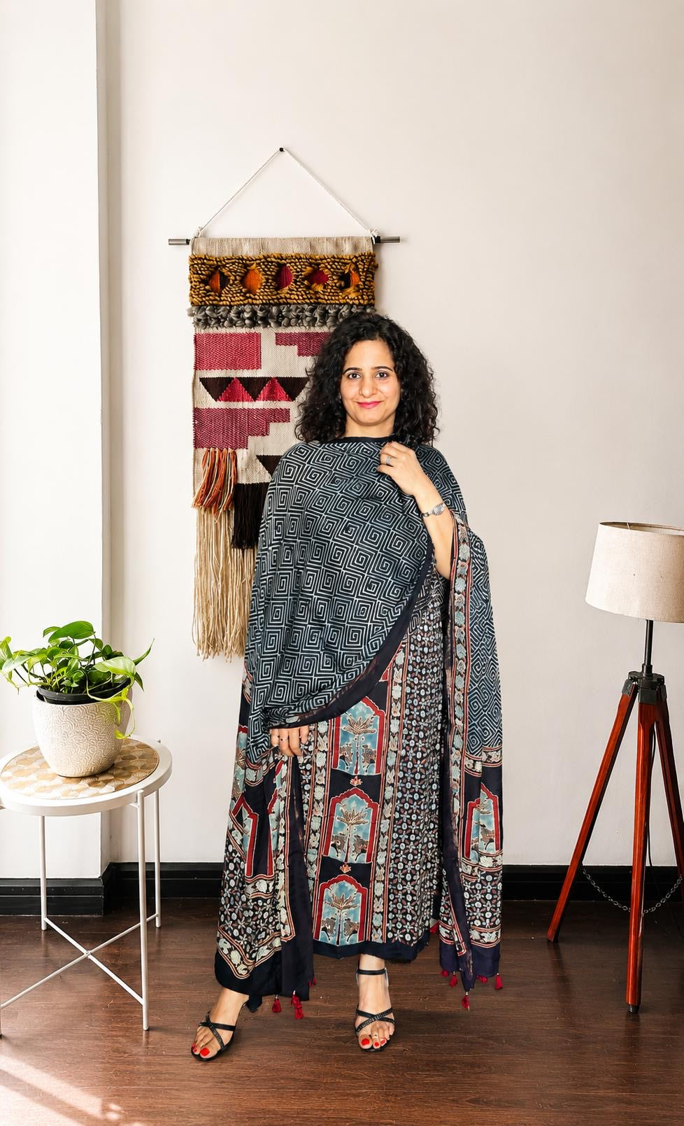Indigo & Teal Ajrakh Modal Silk 2-Piece Suit Set