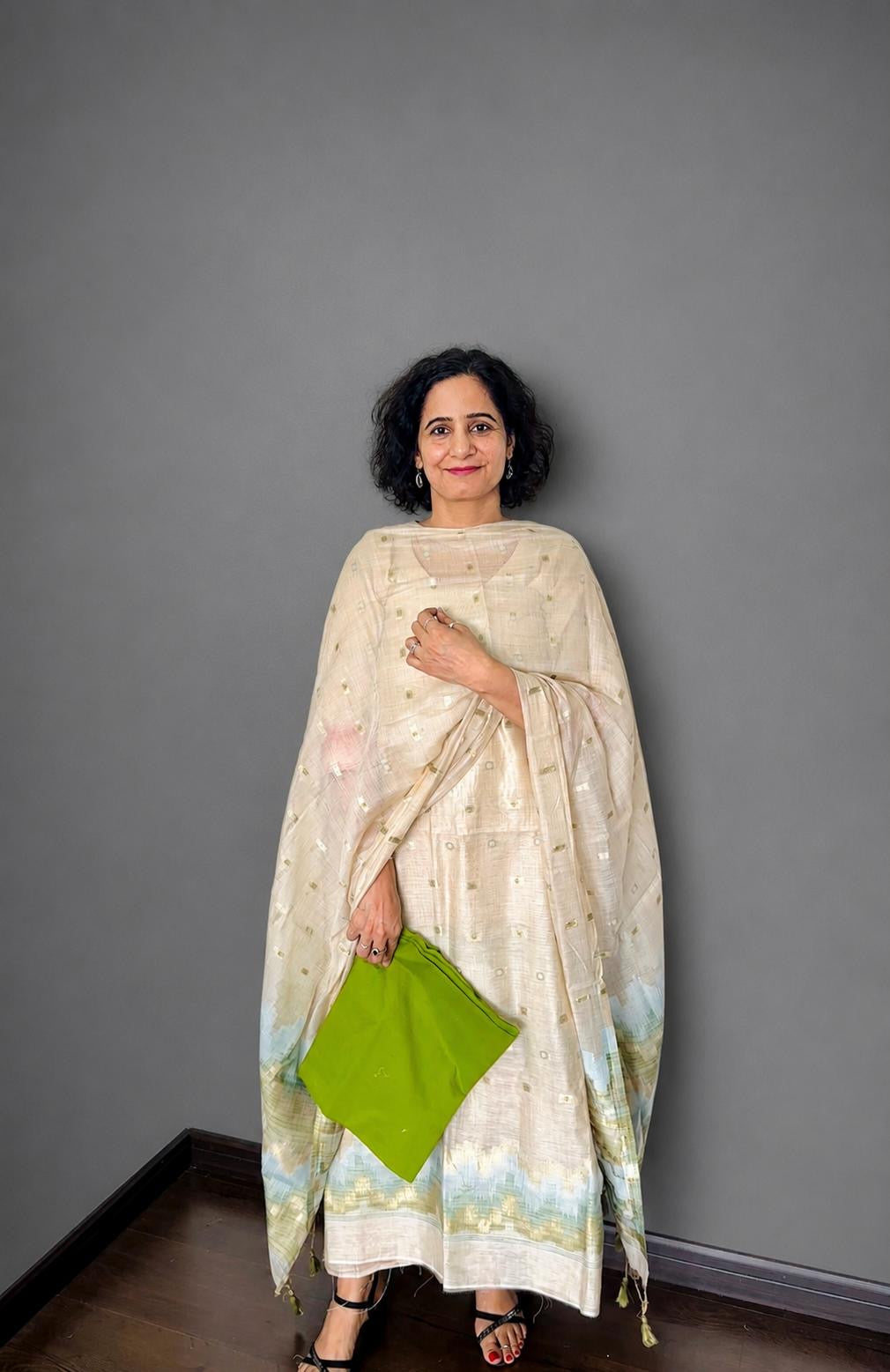 Ivory & Lime Green Jamdani Chanderi Suit Set
