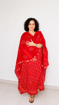 Red Hand-Blocked Linen Suit Set