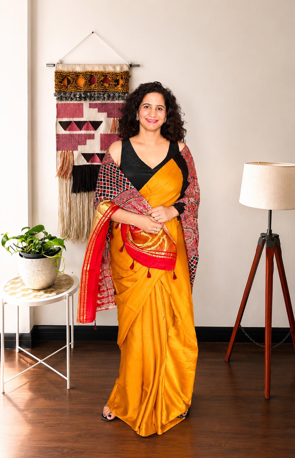 Mustard Yellow & Crimson Modal Silk Saree