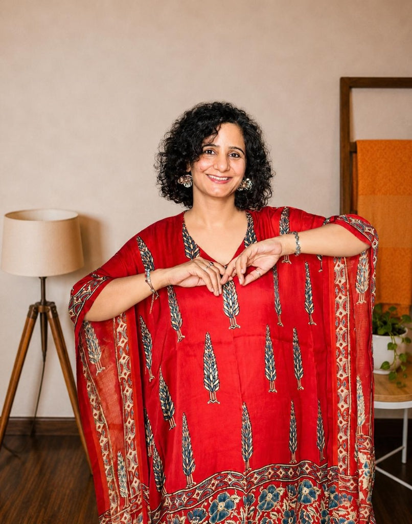 Red Hand-Blocked Ajrakh Modal Silk Kaftan