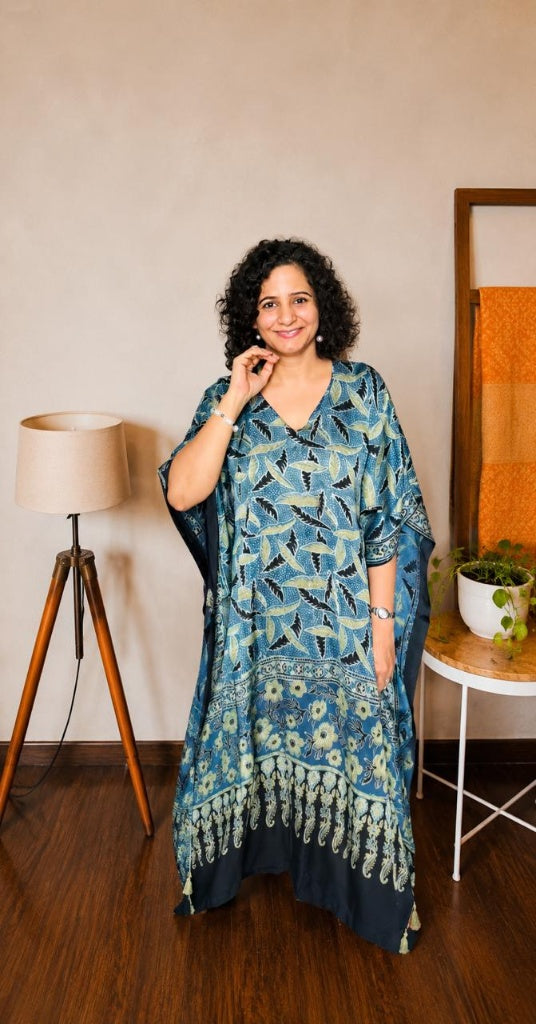Sea Blue & Sage Hand-Blocked Ajrakh Modal Silk Kaftan