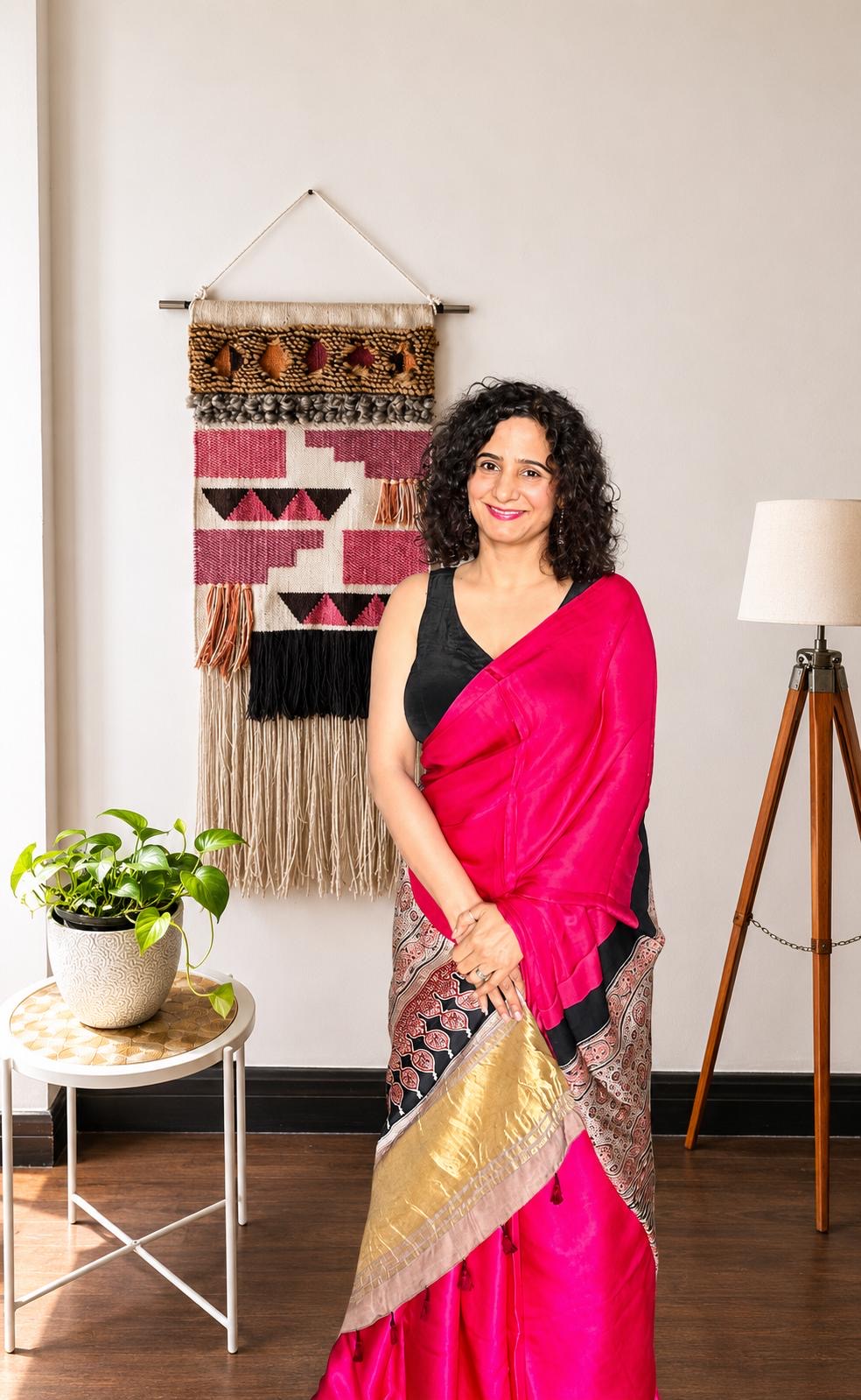 Pink Modal Silk Saree with Ajrakh Pallu