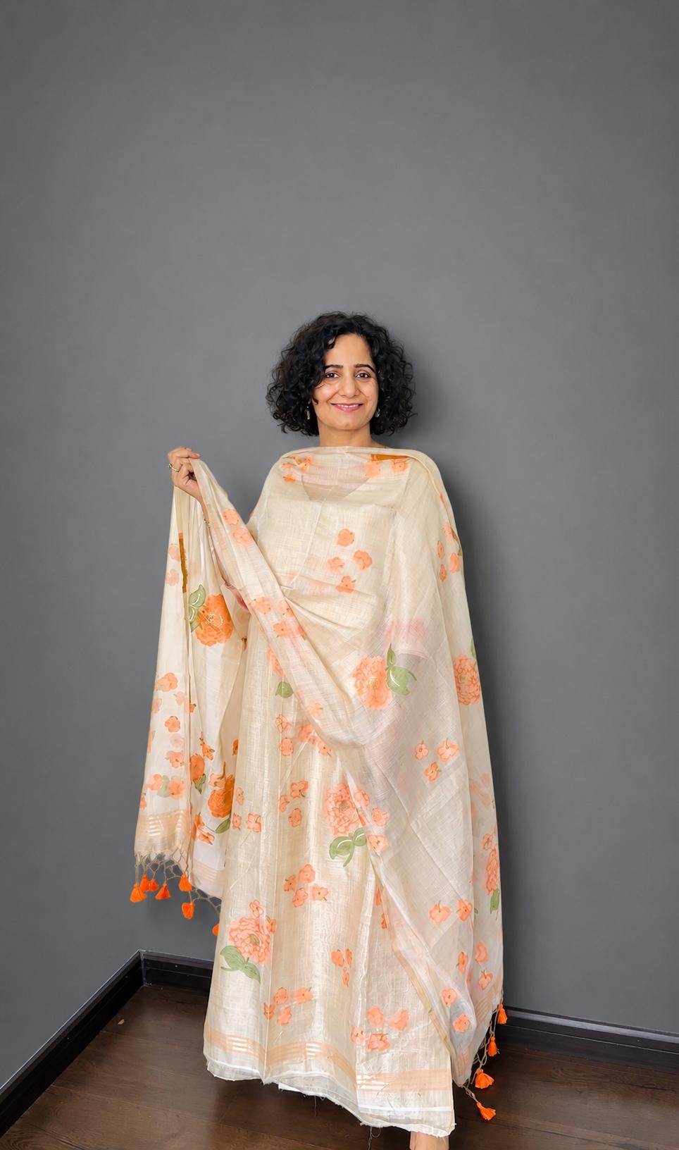 Ivory & Rose Floral Handloom Jamdani Chanderi Suit Set