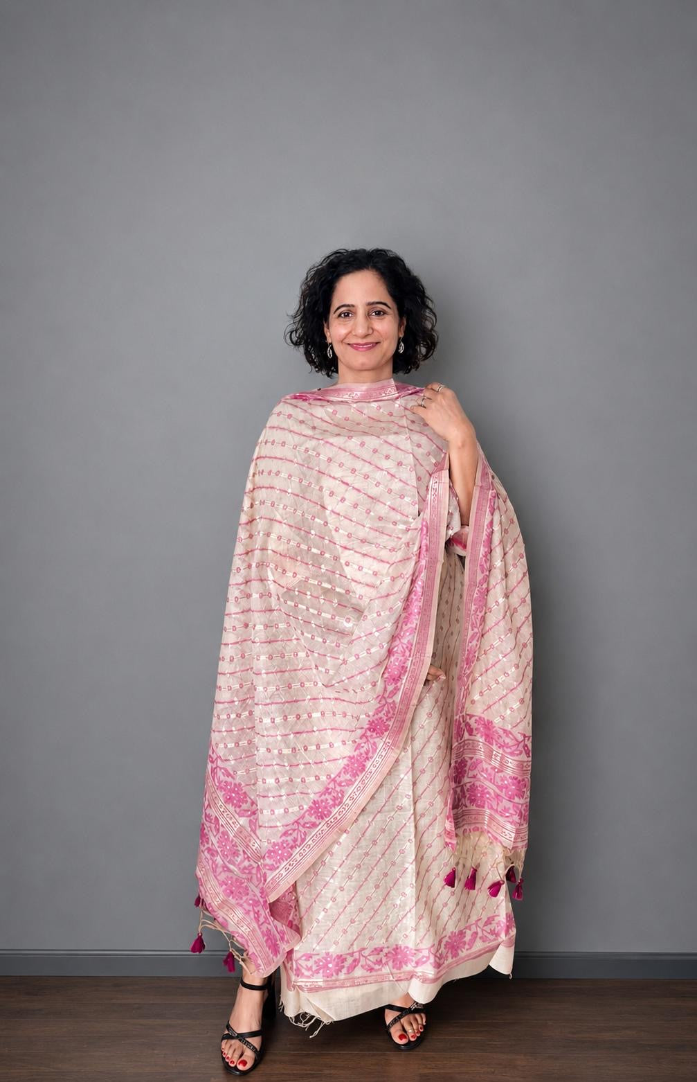 Ivory & Orchid Pink Jamdani Chanderi Suit Set