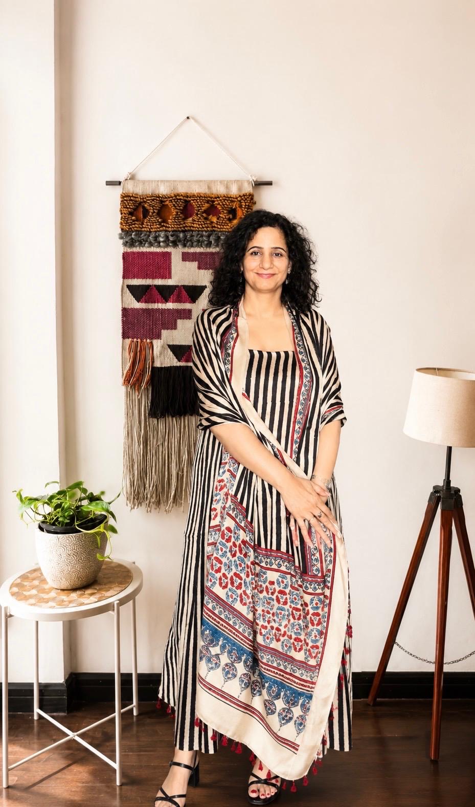 Monochrome Stripes & Floral Ajrakh Modal Silk 2-Piece Suit Set