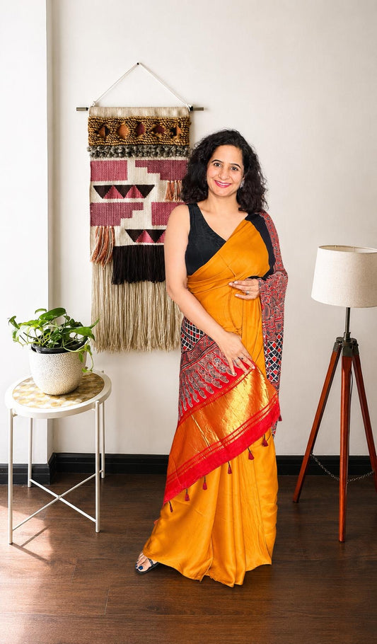 Mustard Yellow & Crimson Modal Silk Saree