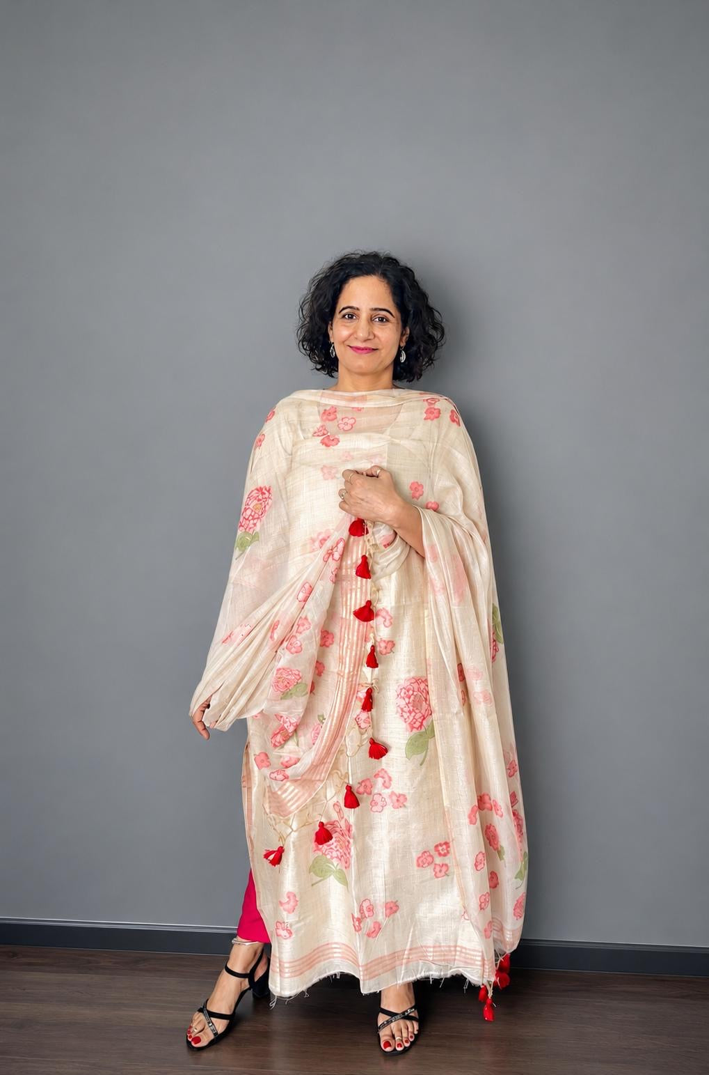 Ivory & Rose Floral Handloom Jamdani Chanderi Suit Set