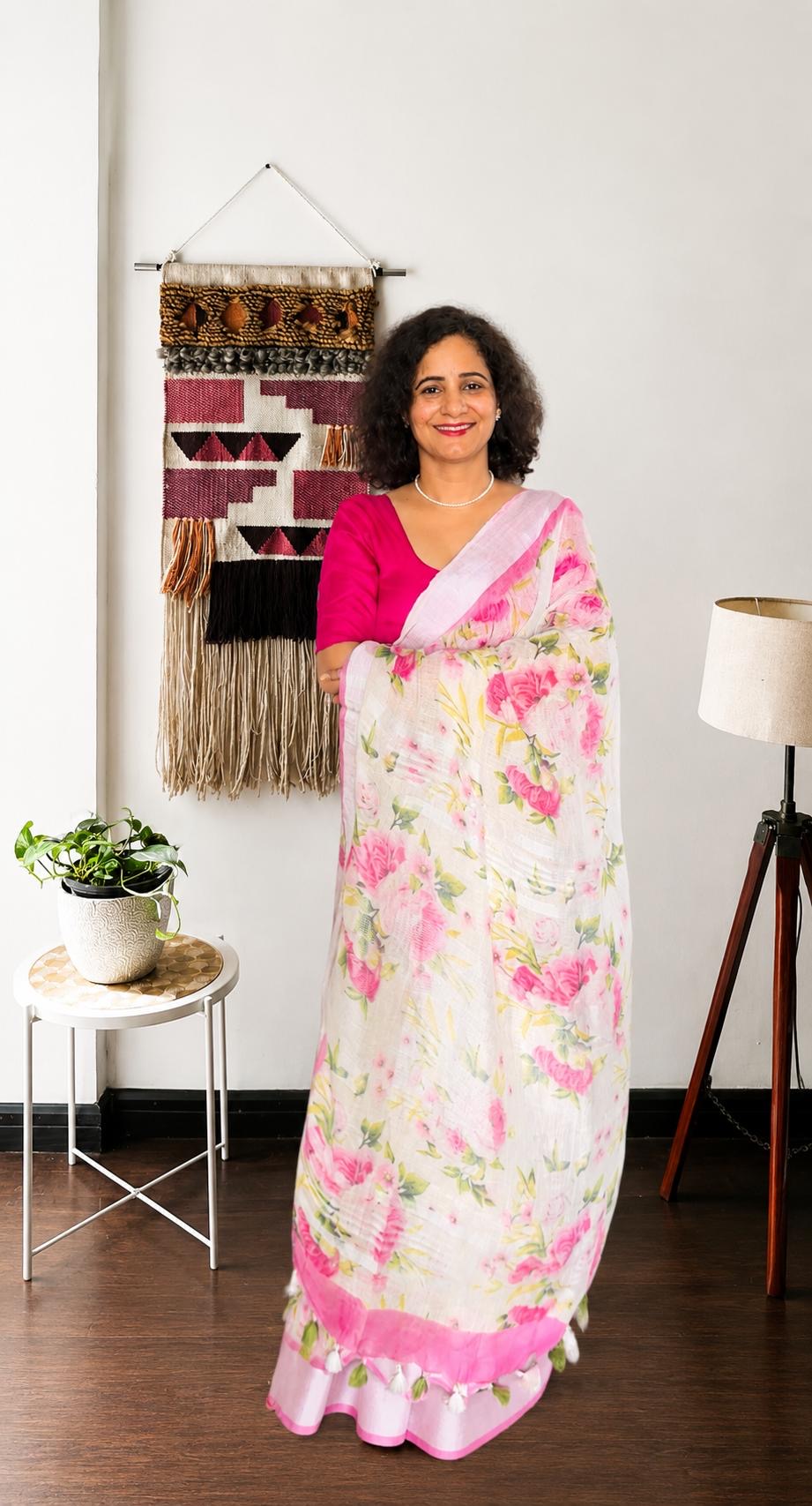 White & Pink Floral Linen Saree