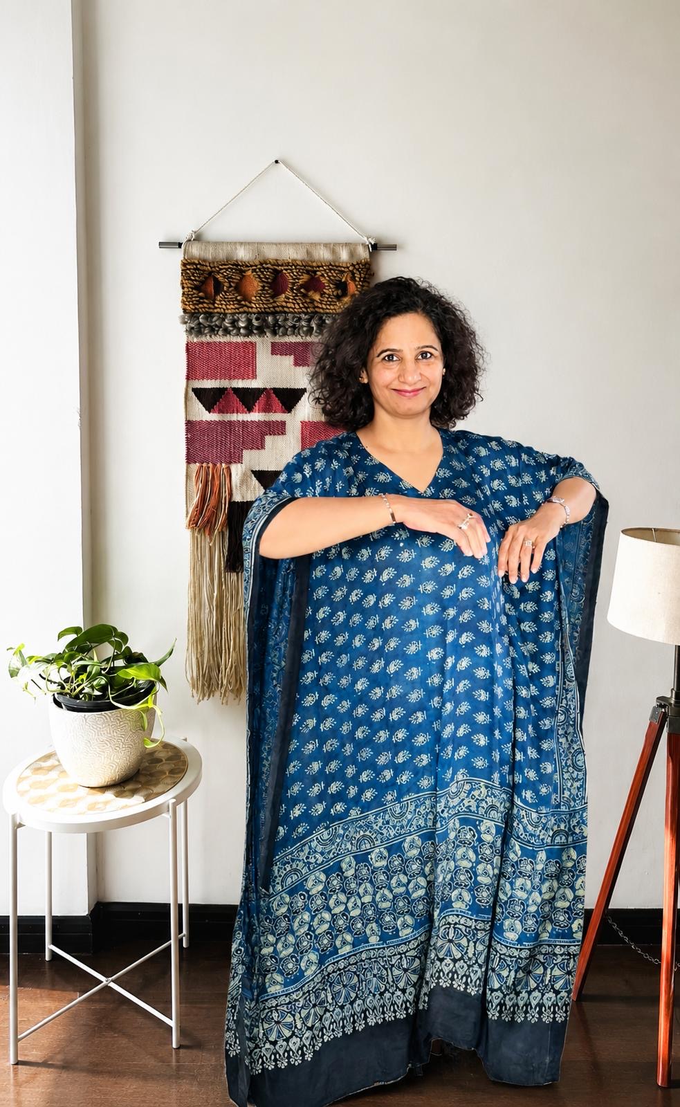 Indigo Blue Hand Modal Silk Kaftan
