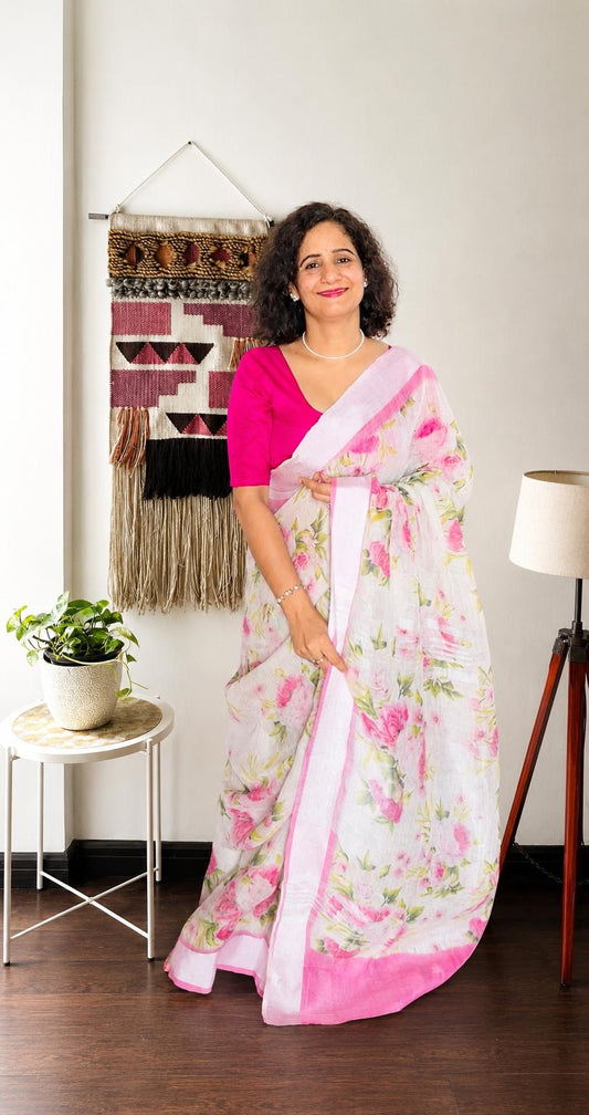 White & Pink Floral Linen Saree