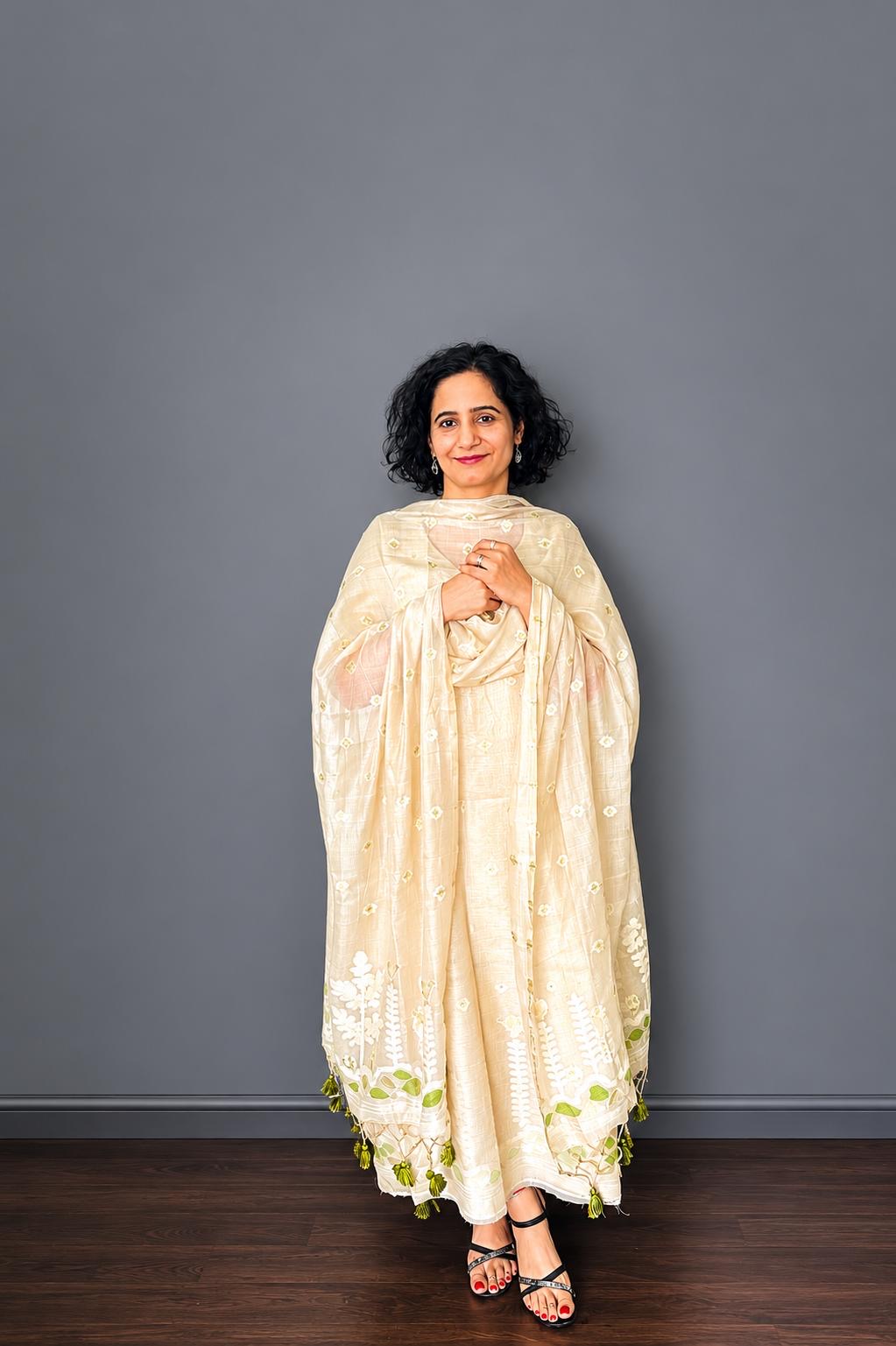 Ivory & Green Jamdani Chanderi Suit Set
