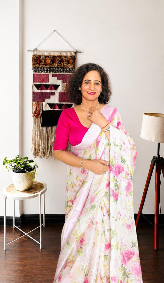 White & Pink Floral Linen Saree